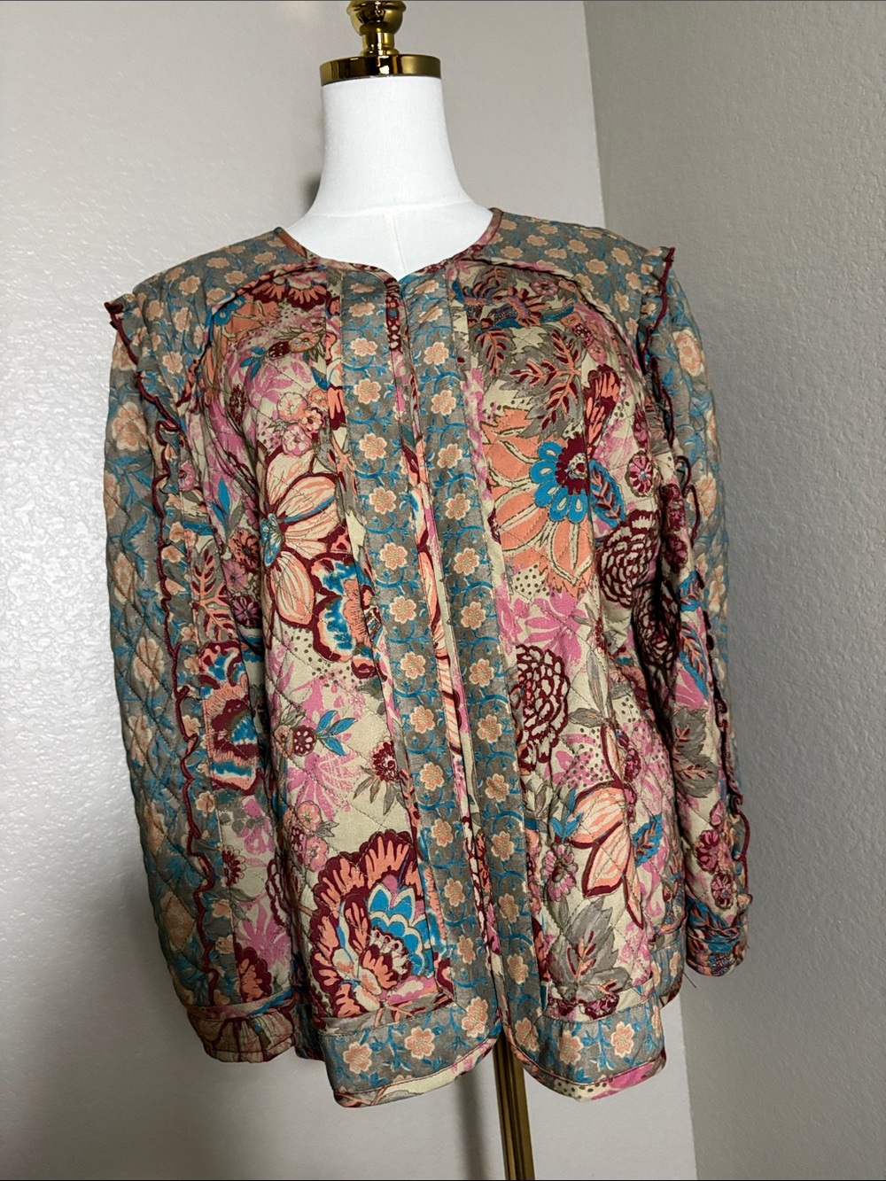 John Mark Quilted Floral Button-Front Tunic in Teal, Pink, Cream, Brown